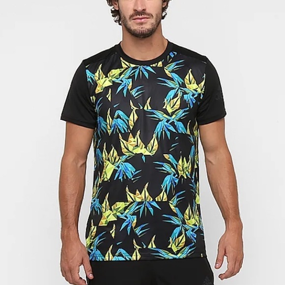 Adidas | Climacool Black and Blue Leaf Print Men's Tee Size Large - Picture 1 of 13